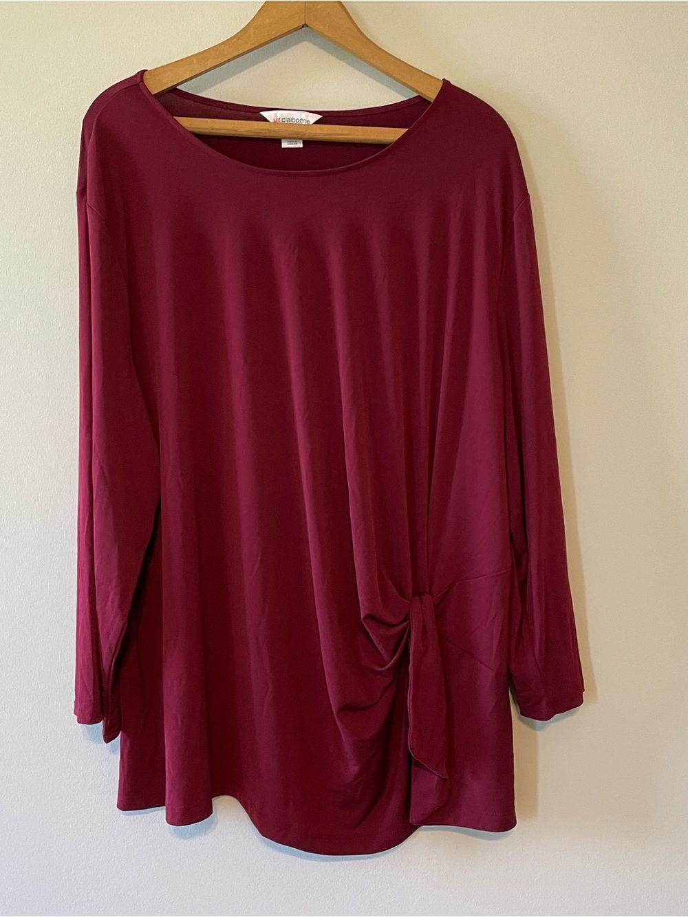 Liz Claiborne Tunic Size 3X Burgundy Red Ruched Gathered 3/4 Sleeve
